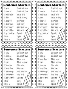 four sentence cards with words and pictures on them