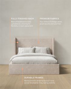 an image of a bed with information about the frame and headboard details on it