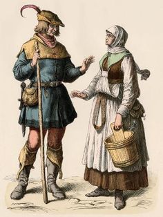 two men dressed in medieval clothing talking to each other, one holding a basket and the other wearing a hat