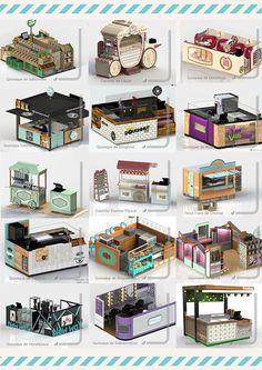 various types of furniture and appliances are shown in this graphic style, with different colors