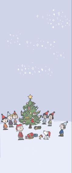 a christmas tree with many small people around it and snowing in the sky above