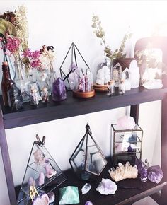 a shelf filled with lots of different types of rocks and crystals on top of it