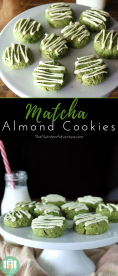 matcha cookies with white icing on a plate