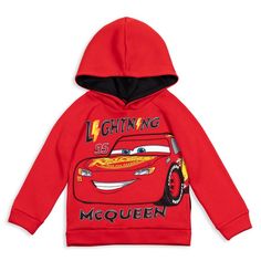 a child's hoodie with the character cars printed on it, red and black