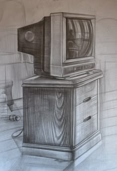 a pencil drawing of an old tv on top of a dresser