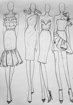 three different dresses are shown in this drawing