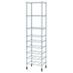 a white metal shelf with four shelves on each side