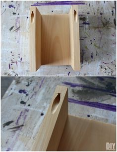 two pictures showing the inside and outside of a wooden box with holes cut in it