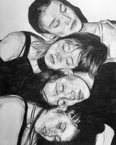 a drawing of three people hugging each other with their faces close to one another and looking at the camera