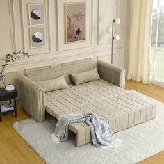 a living room scene with focus on the bed and rugs in the foreground