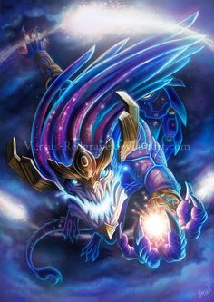 a painting of a blue and purple creature