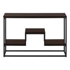 an end table with two shelves on each side and one shelf below the top in black metal