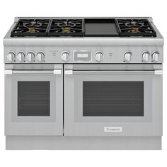 a double oven stove with two burners on the front and one in the back