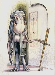 a drawing of a monkey standing in front of an open door and pointing at something on the wall