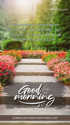 a pathway with flowers and the words good morning on it, in front of a forest