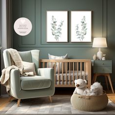 a baby's room with green walls and furniture