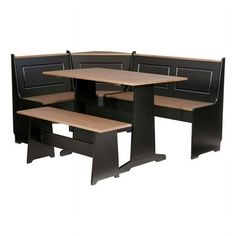 the corner table and benches are made from black plywood with wood panels on each side