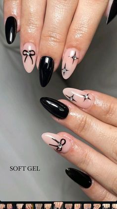 Almond Nails Designs Edgy, Misa Amane Nails Ideas, Nail Art Designs Edgy, Black And Plum Nails, Homecoming Nail Inspo Almond, Black Almond Acrylic Nails Design, Now Nails Design, Almond Nails White And Black, Nails Acrylic New Years Art Ideas