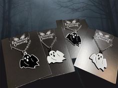 This handmade ghost necklace features a black or white ghost charm of your choice on a stainless steel chain. Wear it layered with other necklaces for your own personal statement.  Product details Charm is your choice black or white enamel plated If you choose charm only you will receive it on a matching ring. Also available ghost necklace in silver or bronze. See last pics and visit simple necklaces to purchase.  Check out more necklaces here: https://www.etsy.com/shop/AnEnchantingCreature?ref=seller-platform-mcnav§ion_id=21978338 Thank you for supporting Small Business  VISIT MY SHOPS HERE   * http://www.etsy.com/shop/HappyCatHouse * http://www.Etsy.com/shop/AnEnchantingCreature  CONNECT  * http://www.facebook.com/EnchantingCreature * https://www.instagram.com/enchantingcreature/ * https Sheet Ghost, Enamel Plate, Black Halloween, Emo Fashion, Matching Rings, Creating Jewelry, Simple Necklace, White Enamel, Stainless Steel Chain