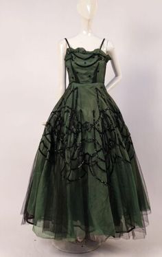 50’s Prom Dress, 1940s Ball Gown, 1940s Prom Dress, Sleeveless Sequined Ball Gown For Evenings, Evening Gown With Lined Bodice And Full Skirt, Tulle Full Skirt Evening Dress, Evening Tulle Dress With Full Skirt, Black Embellished Ball Gown For Parties, 1950s Evening Dresses With Fitted Bodice