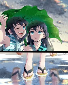 two anime characters are standing in the rain