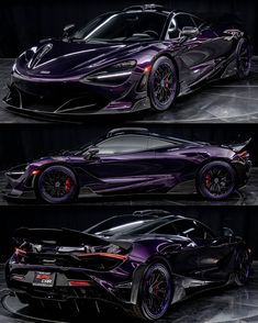 three different views of a purple sports car