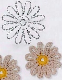 two crocheted flowers sitting next to each other