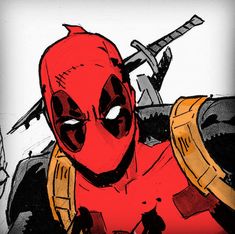 a drawing of deadpool is shown in red and yellow with two swords sticking out of his chest