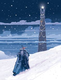 a person standing in the snow next to a tower with a light on it's top