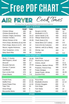 the free printable air fryer cook times sheet is shown in blue and green