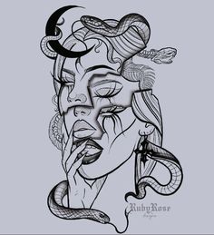 a drawing of a woman's face with snakes around her neck and the moon above her head