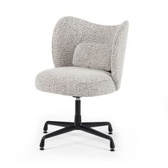 an upholstered office chair with black base and casteor wheels, on a white background