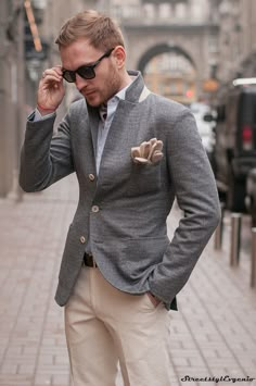 very nice blend Outfits Neutral, Beige Chinos, Gray Blazer, Blue Long Sleeve Shirt, Neutral Outfit