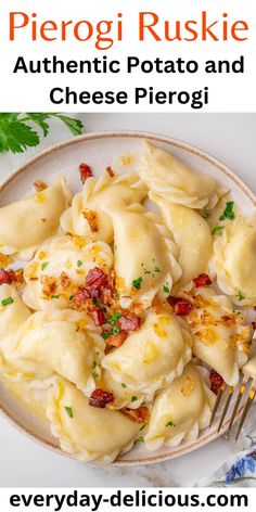 a plate full of ravioli with cheese and bacon on it, next to a fork