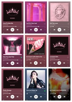 various music player screens with different colors