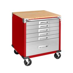 a red and silver tool box on wheels with wooden cutting board attached to the top