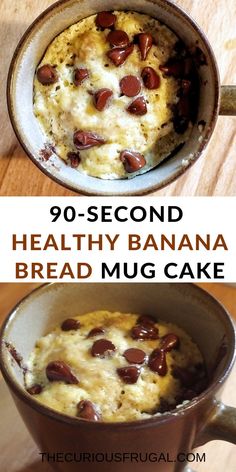 two pictures with the words healthy banana bread mug cake in it and an image of chocolate chip cookies on top