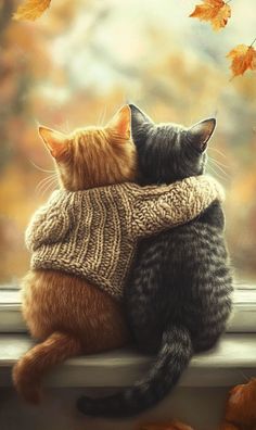 two cats sitting next to each other on a window sill looking out at leaves