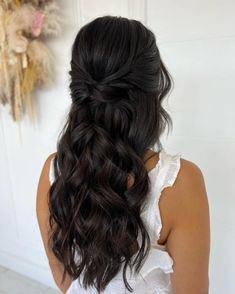 Long Black Brown Half-Up Hairstyle for Thick Hair Bridemaids Hairstyles Dark Hair, Half Up Half Down Wedding Hair Brunette Bridal Hairstyles, Wedding Hair Asian Half Up, Bridesmaid Hairstyles Half Up Half Down Long Hair, Long Brunette Bridal Hair, Wedding Hair Medium Length Half Up, Half Up Half Down Wedding Hair With Comb, Wedding Updo Black Hair, Long Half Up Wedding Hair