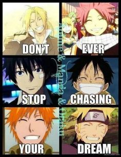 four different anime characters with the words don't ever stop chasing your dream