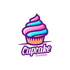 a cupcake logo with blue and pink frosting