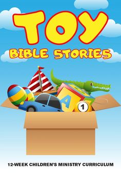 the toy bible stories book is open to reveal an image of toys in a box