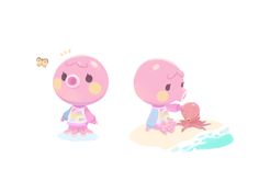 two little pigs playing in the sand with an octopus and a butterfly on their back