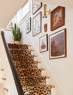 there is a leopard print stair runner on the stairs