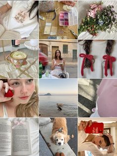 a collage of photos with different people and things in them including flowers, books, candles, hair clips, an open book