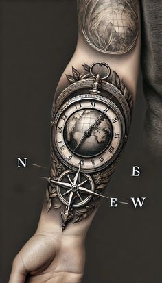 a man's arm with a clock and compass tattoo on it, as well as the words new