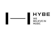 the hybe logo is black and white with words above it that say, we believe in music