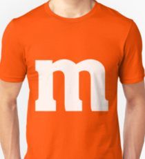 a man wearing an orange m t - shirt with the letter m in white on it