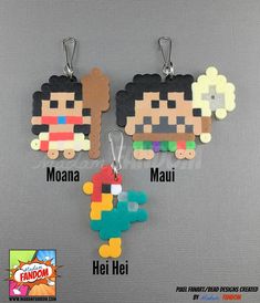 two keychains with different types of cartoon characters hanging from it's sides