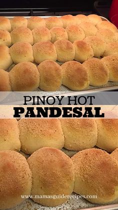 two pans filled with rolls and the words pinoy hot pandal on them